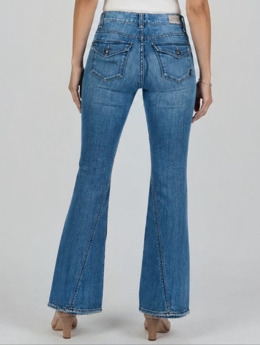 WORK Custom Shop Marmot Flare Jeans Asymmetrical Seams Flap Pockets 24 NWOT